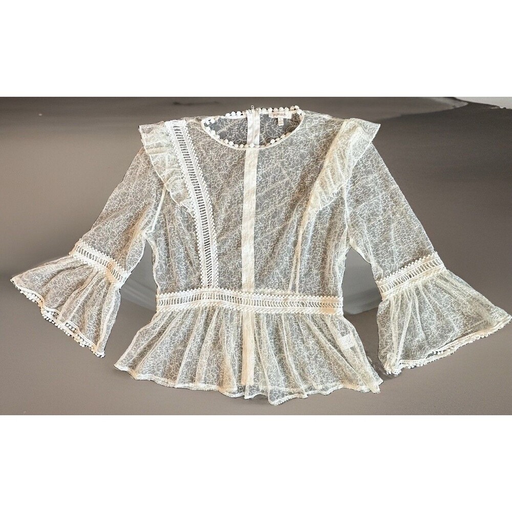 A.Peach Cream Lace Ruffle Flare Bell Sleeve Peplum Top Romatic Fairy Whimsigoth